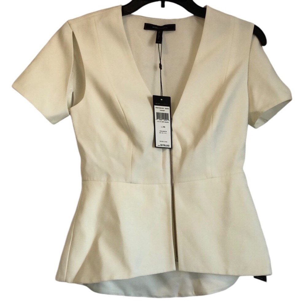 NWT BCBG Maxazria Womens Peplum Top Sz XS Off White Cut outs Zip Up Casual Flaw